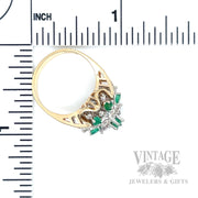 Emerald and Diamond Cluster 14k Gold Ring Scale View