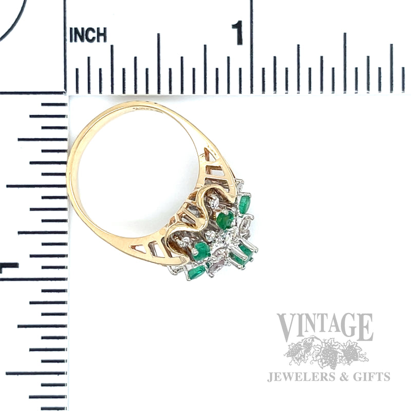 Emerald and Diamond Cluster 14k Gold Ring Scale View