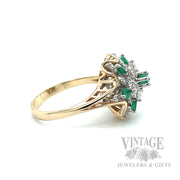 Emerald and Diamond Cluster 14k Gold Ring Side View