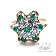 Emerald and Diamond Cluster 14k Gold Ring Front View