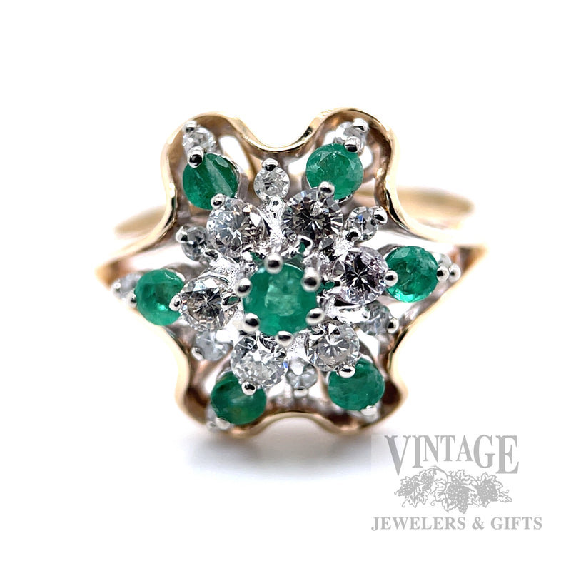 Emerald and Diamond Cluster 14k Gold Ring Front View