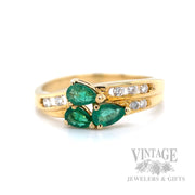 Emerald Three Stone Diamond Accented 18k Gold Ring Front View
