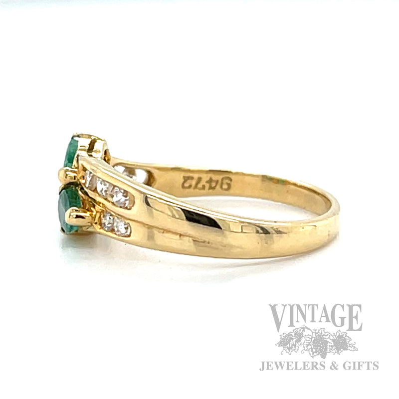 Emerald Three Stone Diamond Accented 18k Gold Ring Side View