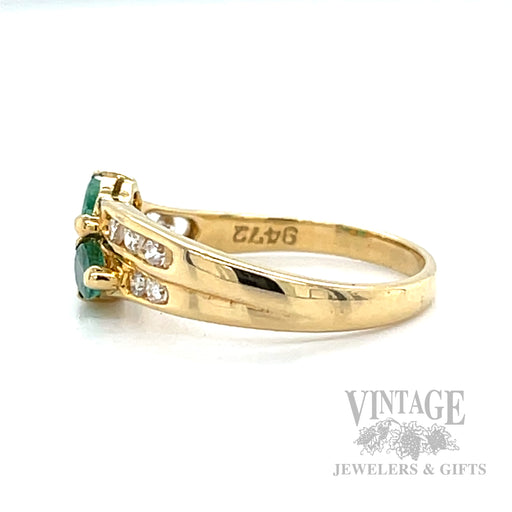 Emerald Three Stone Diamond Accented 18k Gold Ring Side View