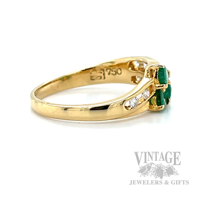 Emerald Three Stone Diamond Accented 18k Gold Ring Side View