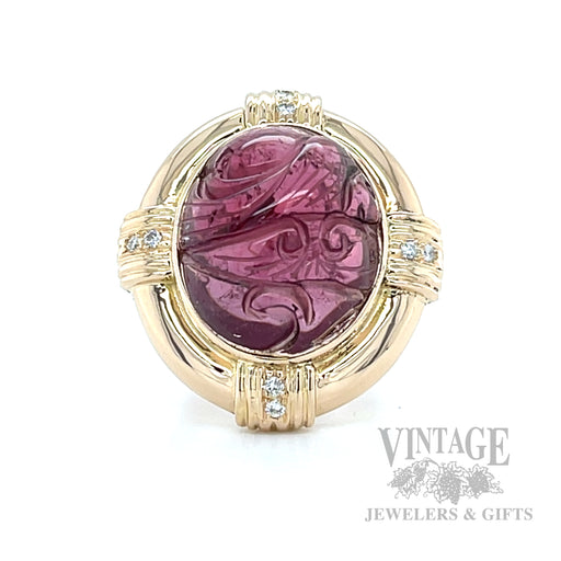 Carved Pink Tourmaline Diamond Accented 14k Gold Ring Front View
