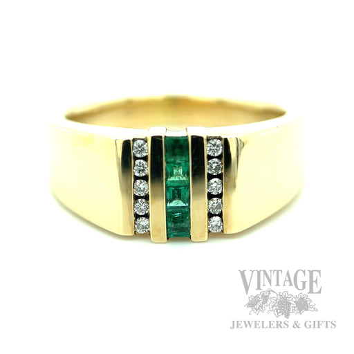 Emerald and Diamond Channels 14k Gold Ring Front View