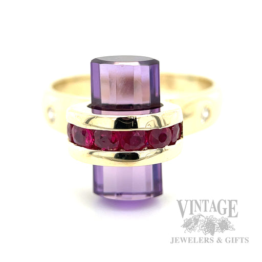 Ruby Wrapped Amethyst Crystal 12k Gold Ring Front View