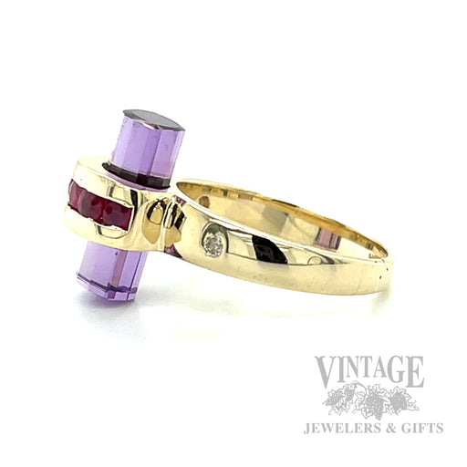 Ruby Wrapped Amethyst Crystal 12k Gold Ring Side View