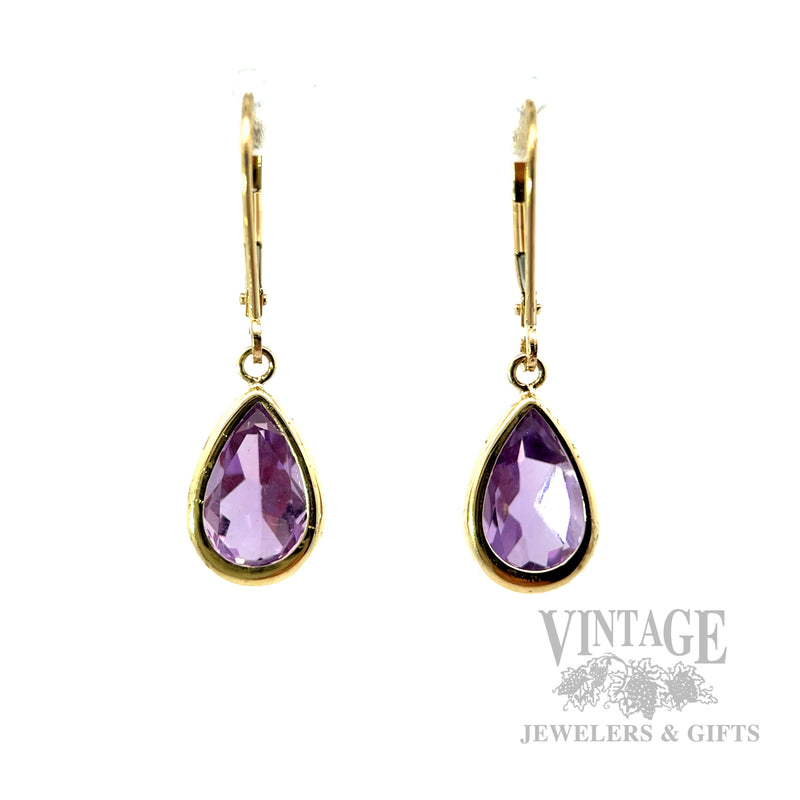 Dangling Amethyst 14k Gold Earrings Front View