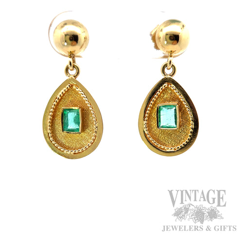 Centered Emerald 17k Gold Dangle Earrings Front View