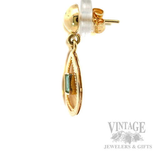Centered Emerald 17k Gold Dangle Earrings Side View