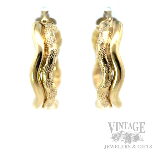 Wavy Textured 14k Gold Hoop Earrings Front View
