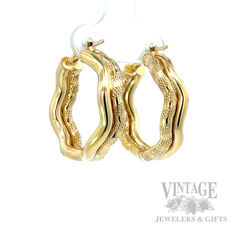 Wavy Textured 14k Gold Hoop Earrings Perspective View