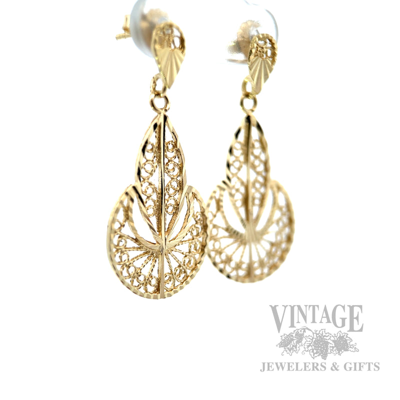 Filigree 14k Gold Dangle Earrings Perspective View