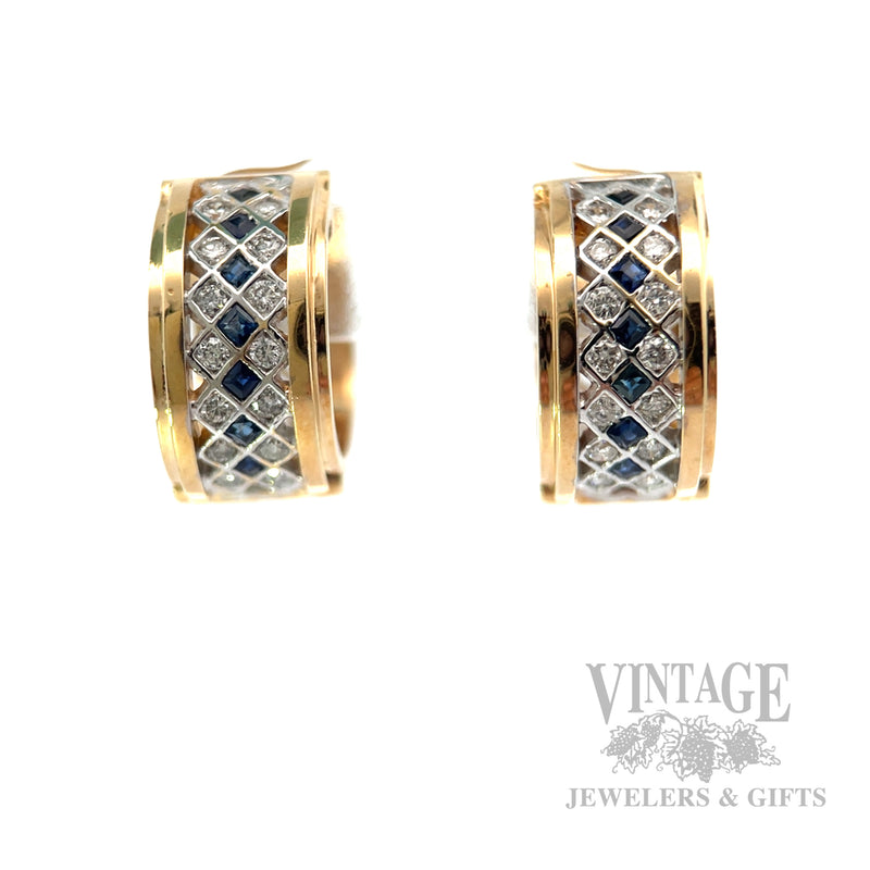 Harlequin Blue Sapphire and Diamond 14k Gold Huggie Hoop Earrings Front View