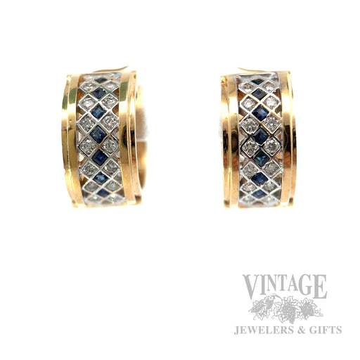 Harlequin Blue Sapphire and Diamond 14k Gold Huggie Hoop Earrings Front View