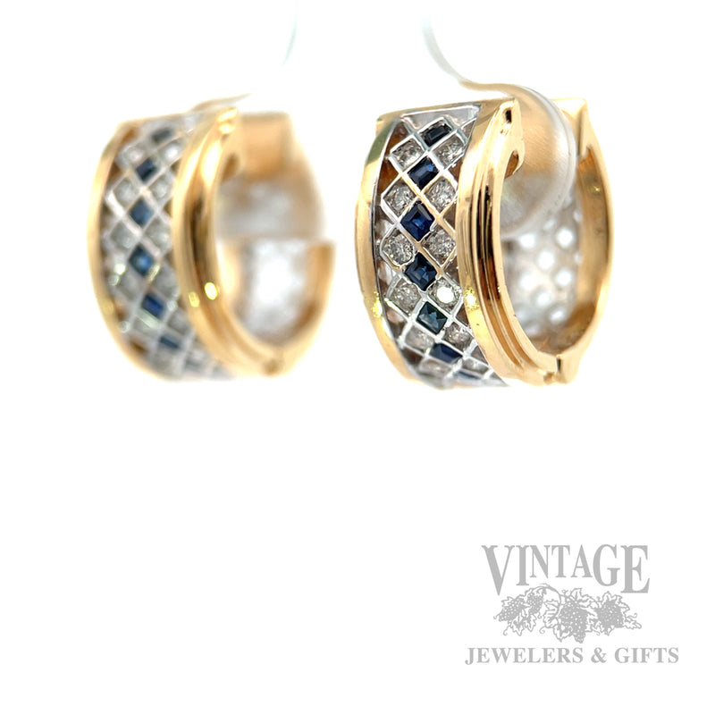 Harlequin Blue Sapphire and Diamond 14k Gold Huggie Hoop Earrings Perspective View