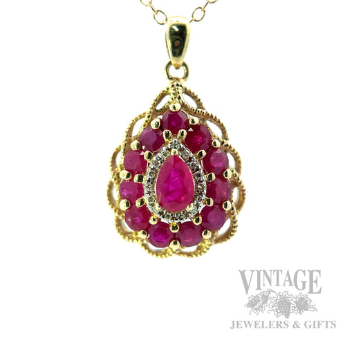 Twisted Bezel Ruby Diamond Accented Pendant Front View