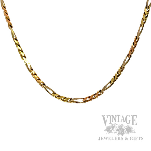 19" Tri-Tone Figaro Chain 14k Gold Necklace Front View