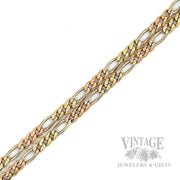 19" Tri-Tone Figaro Chain 14k Gold Necklace Detailed View
