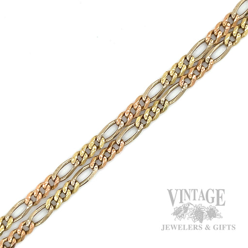 19" Tri-Tone Figaro Chain 14k Gold Necklace Detailed View