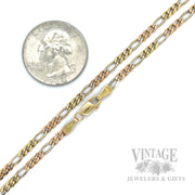 19" Tri-Tone Figaro Chain 14k Gold Necklace Scale and Clasp View