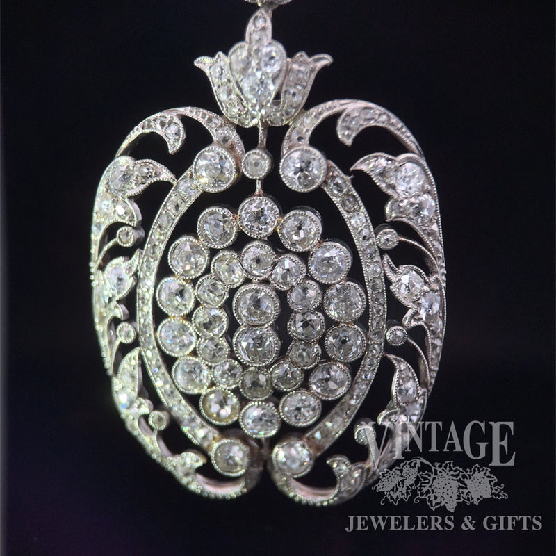Art Nouveau Platinum and old mine cut diamond 18" necklace. close up picture of the diamonds