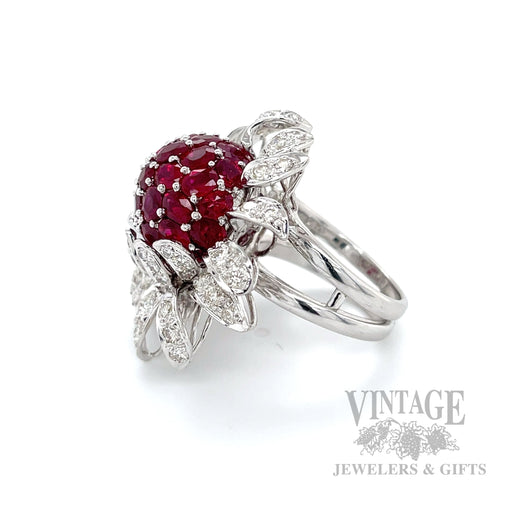 Ruby and Diamond Floral 18k White Gold Ring Side View