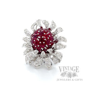 Ruby and Diamond Floral 18k White Gold Ring Front View