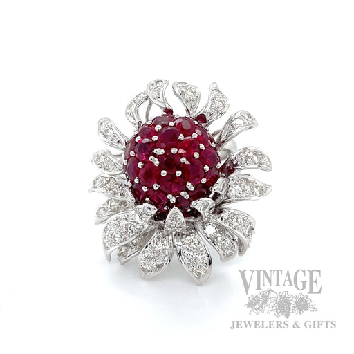 Ruby and Diamond Floral 18k White Gold Ring Front View
