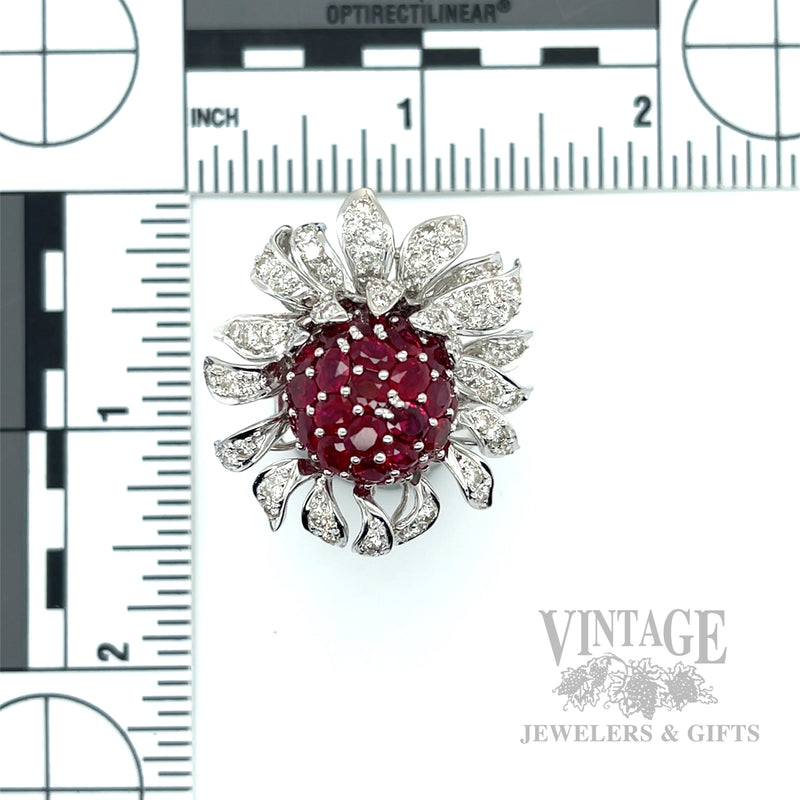 Ruby and Diamond Floral 18k White Gold Ring Scale View
