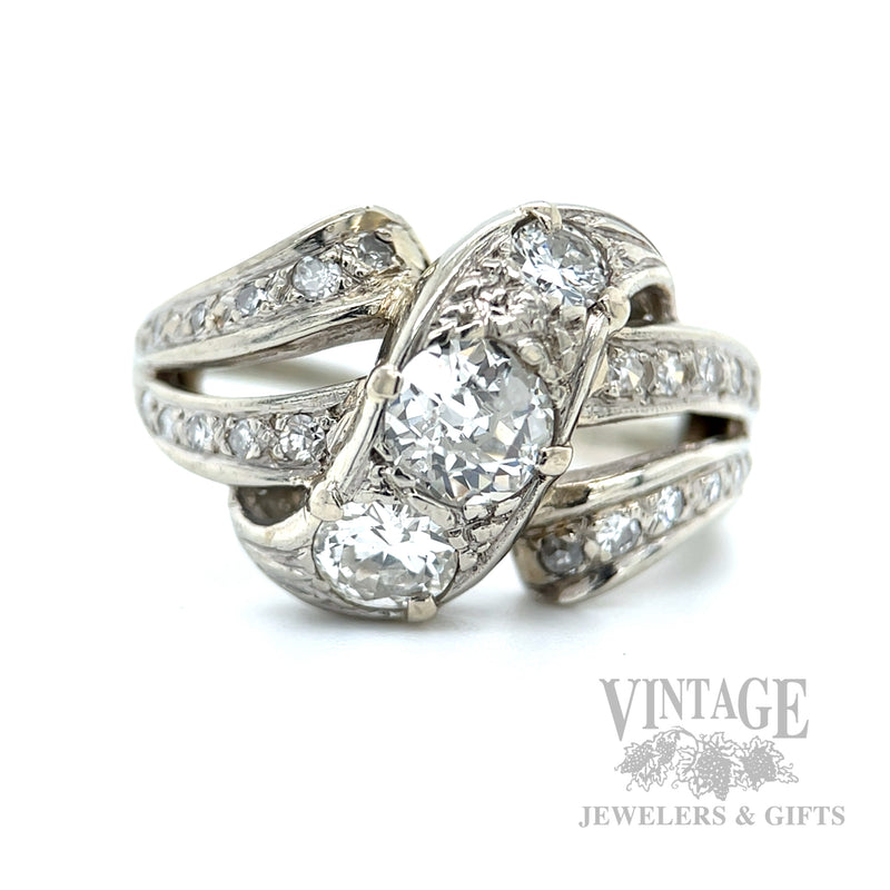 Old Mine Cut Diamond Bypass 18k White Gold Ring Front View
