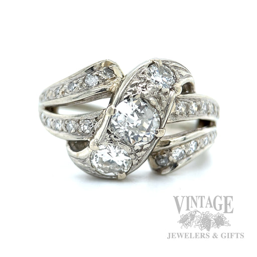 Old Mine Cut Diamond Bypass 18k White Gold Ring Front View