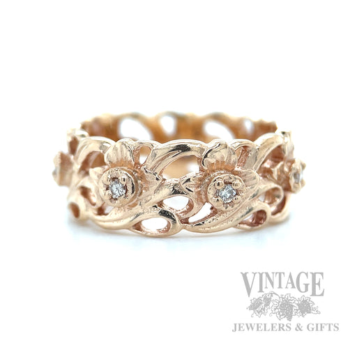 Pierced Floral Diamond 14k Rose Gold Eternity Band Front View/All Around