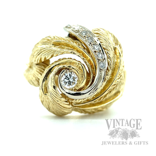 Swirling Feather Diamond 18k Gold Ring Front View
