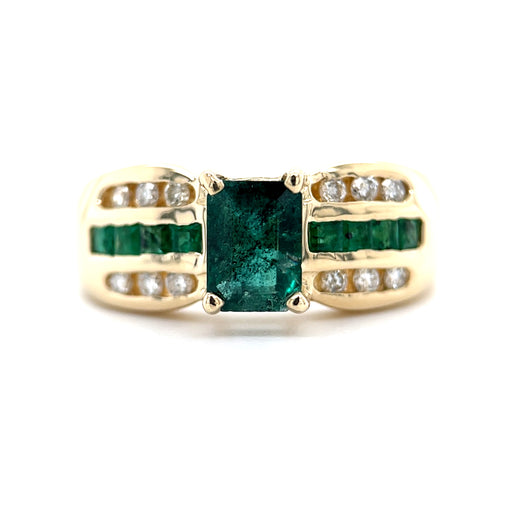 Tapered Emerald Accented 14k Gold Ring Front View