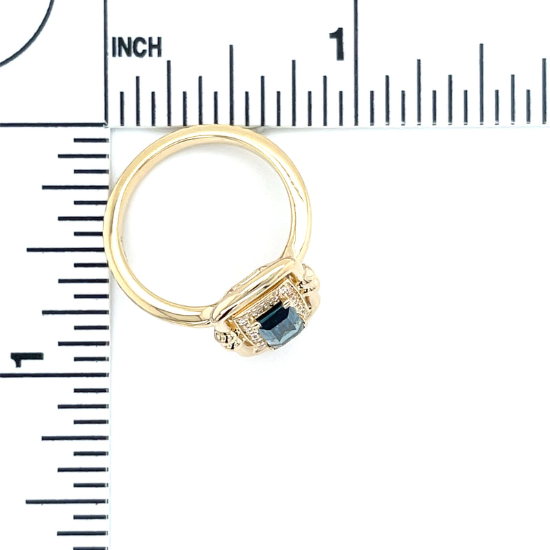 Diamond Framed London Blue Topaz 14k Gold Ring Scale View