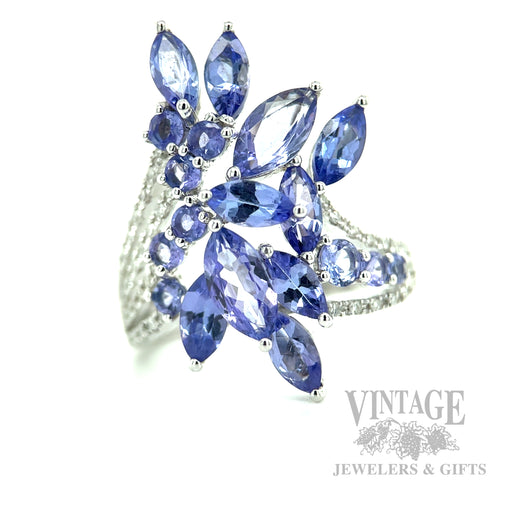 Freeform Tanzanite Diamond Accented 14k White Gold Ring Front View