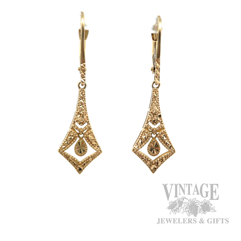Sculpted Chevron Teardrop 14k Gold Dangle Earrings Detailed View
