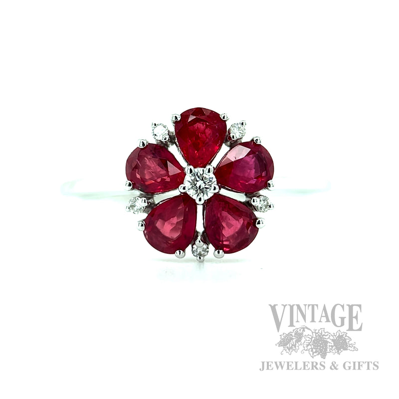 Ruby Flower Diamond Accented 14k White Gold Ring Front View