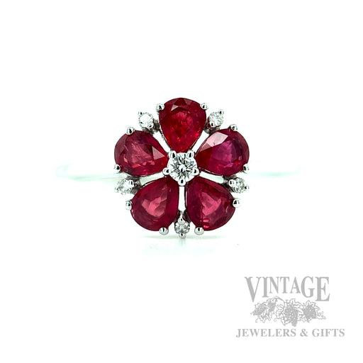 Ruby Flower Diamond Accented 14k White Gold Ring Front View