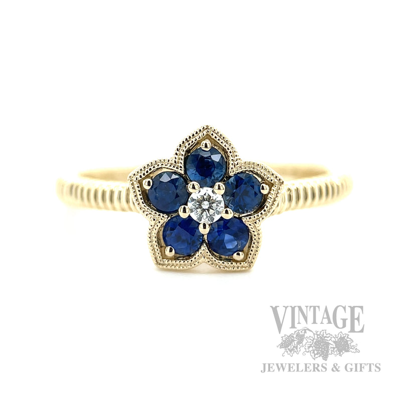 Flower Framed Blue Sapphire Diamond Accented 14k Gold Ring Detailed View