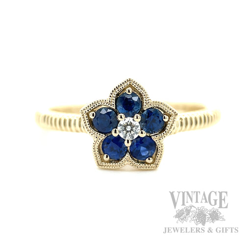 Flower Framed Blue Sapphire Diamond Accented 14k Gold Ring Detailed View
