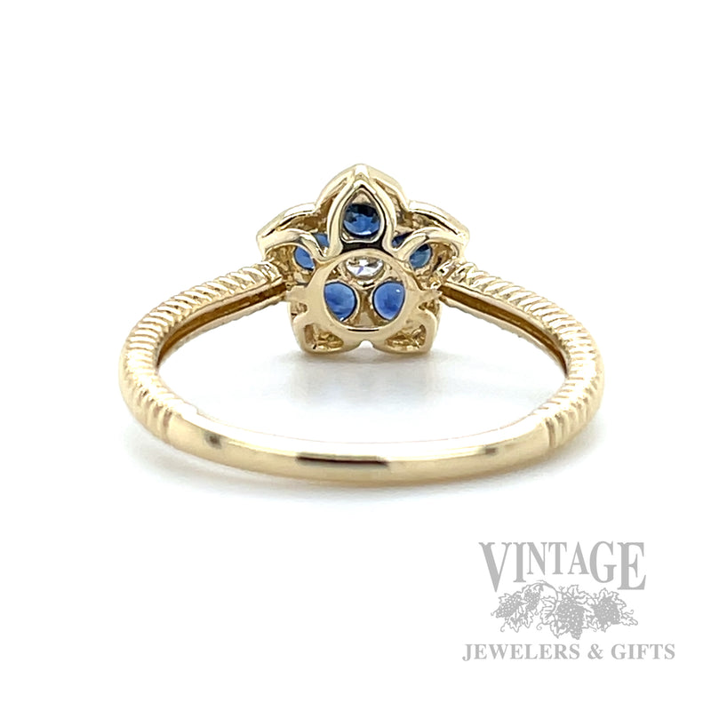 Flower Framed Blue Sapphire Diamond Accented 14k Gold Ring Back/Interior View