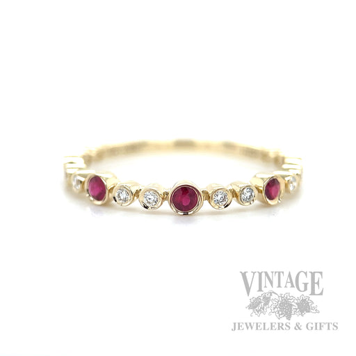 Bezeled Ruby and Diamond 14k Gold Stacker Ring Detailed View