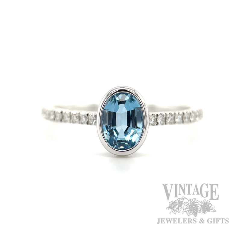 Bezeled Aquamarine Diamond Accented 14k White Gold Ring Detailed View