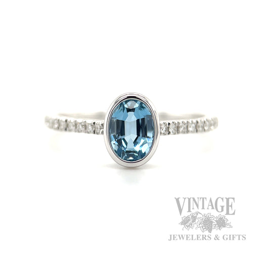 Bezeled Aquamarine Diamond Accented 14k White Gold Ring Detailed View