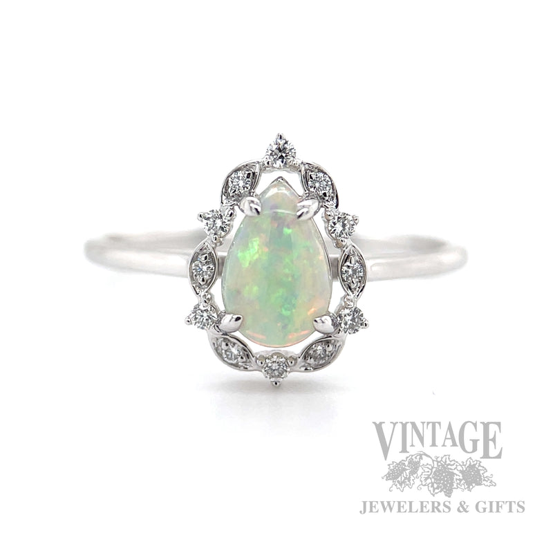 Bezeled Halo Opal 14k White Gold Ring Detailed View