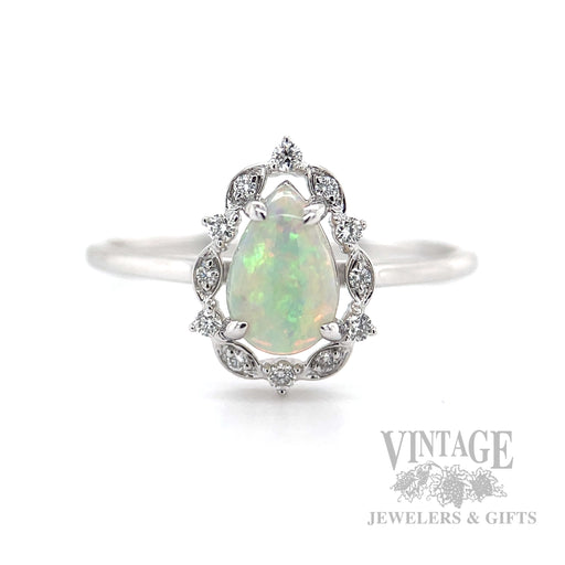 Bezeled Halo Opal 14k White Gold Ring Detailed View